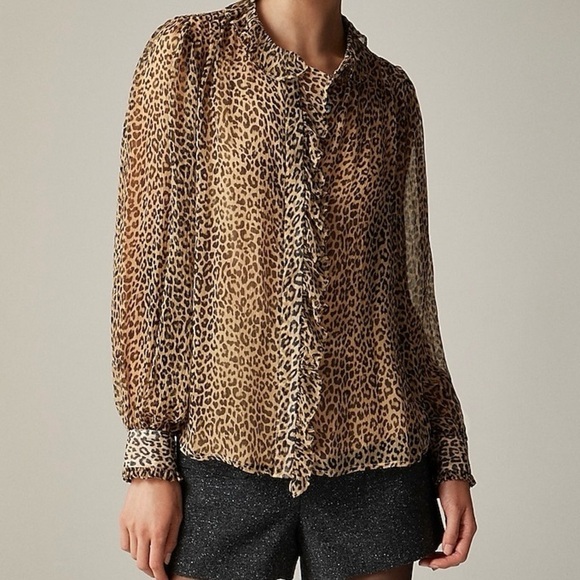 J. Crew Ruffle Button Down Leopard Print Crinkle Chiffon Blouse Size 0 - Picture 1 of 12